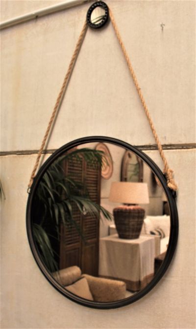 ROUND BLACK IRON MIRROR WITH ROPE LARGE