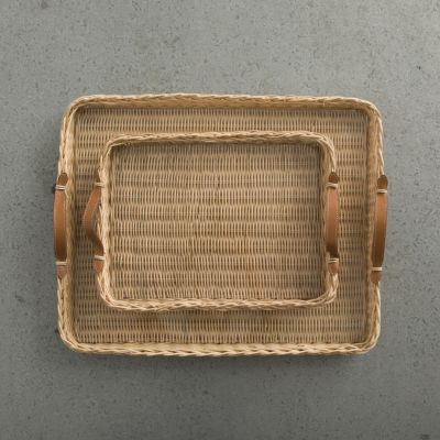 RATTAN TRAY LEATHER HANDLES SMALL